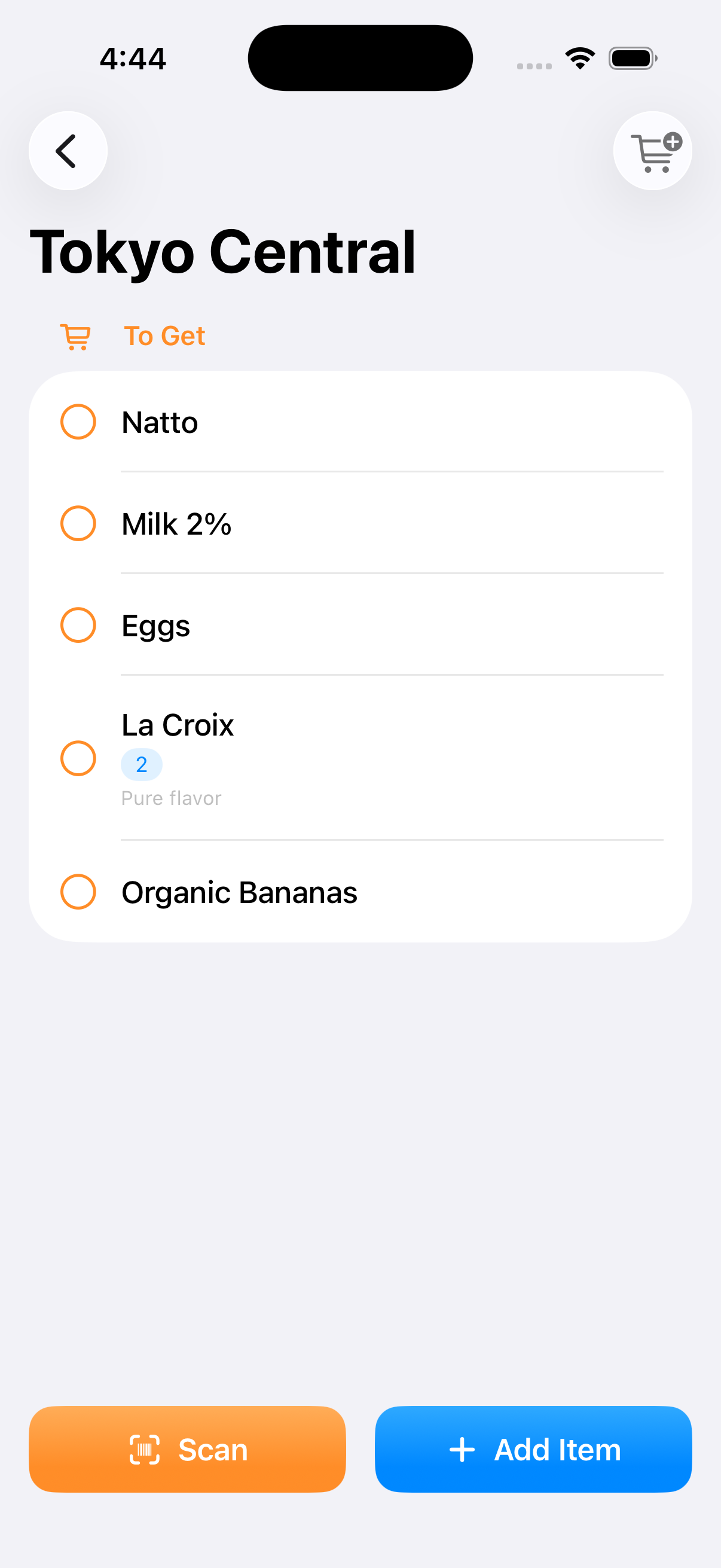 Shopping list with items to get
