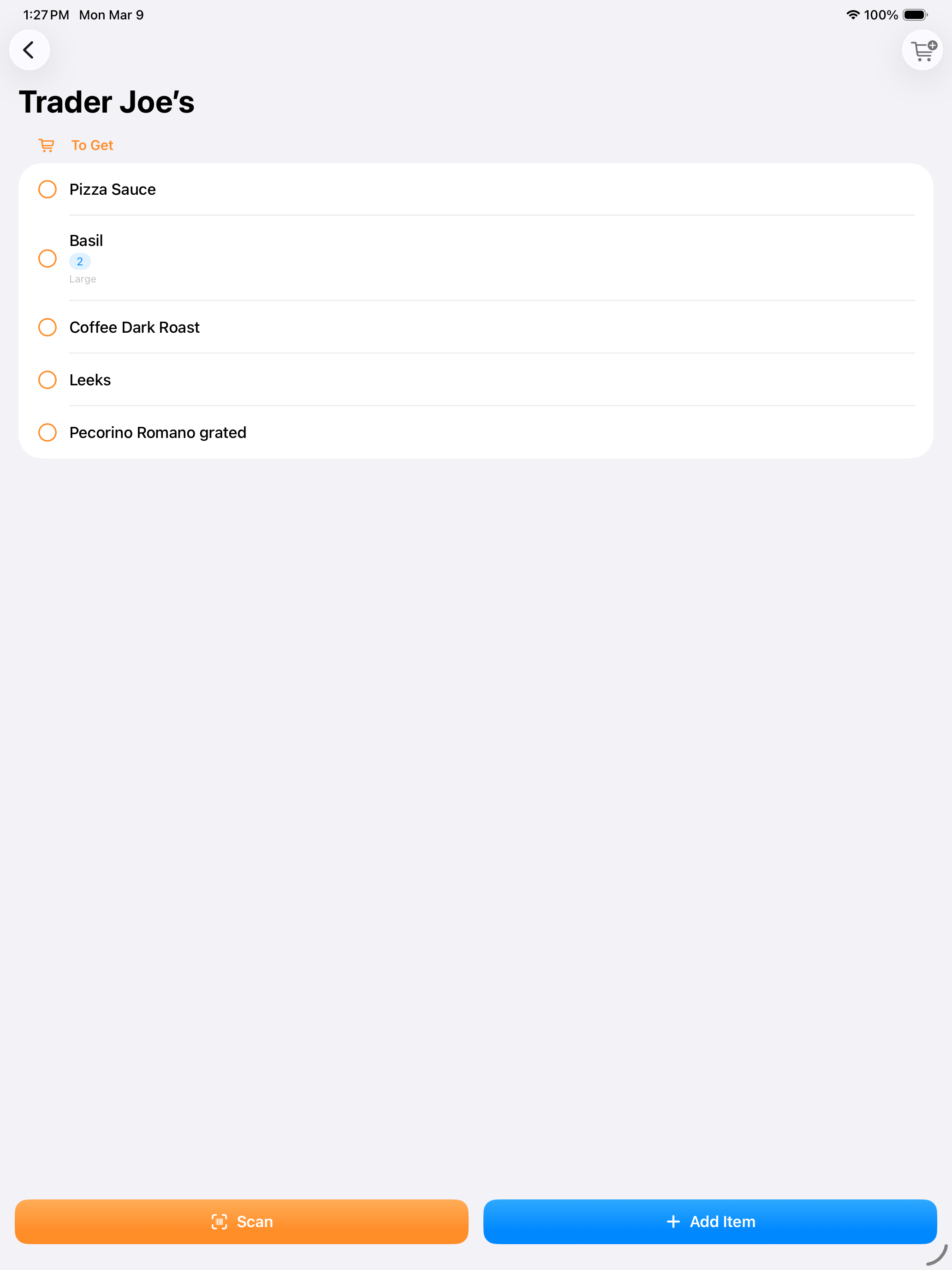 Shopping list on iPad